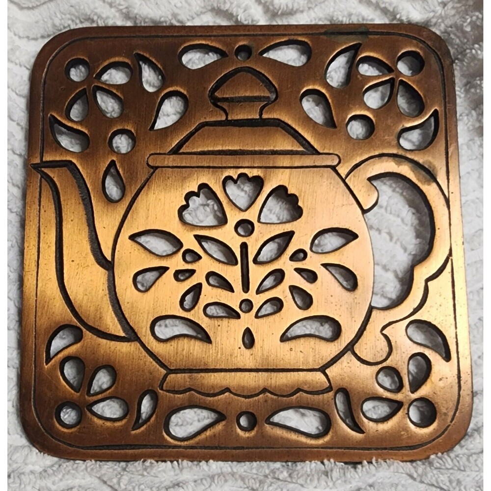 Pretty VINTAGE 1983 Coppertone Teapot HIMARK CastIron TRIVET Hanging Plaque VguC